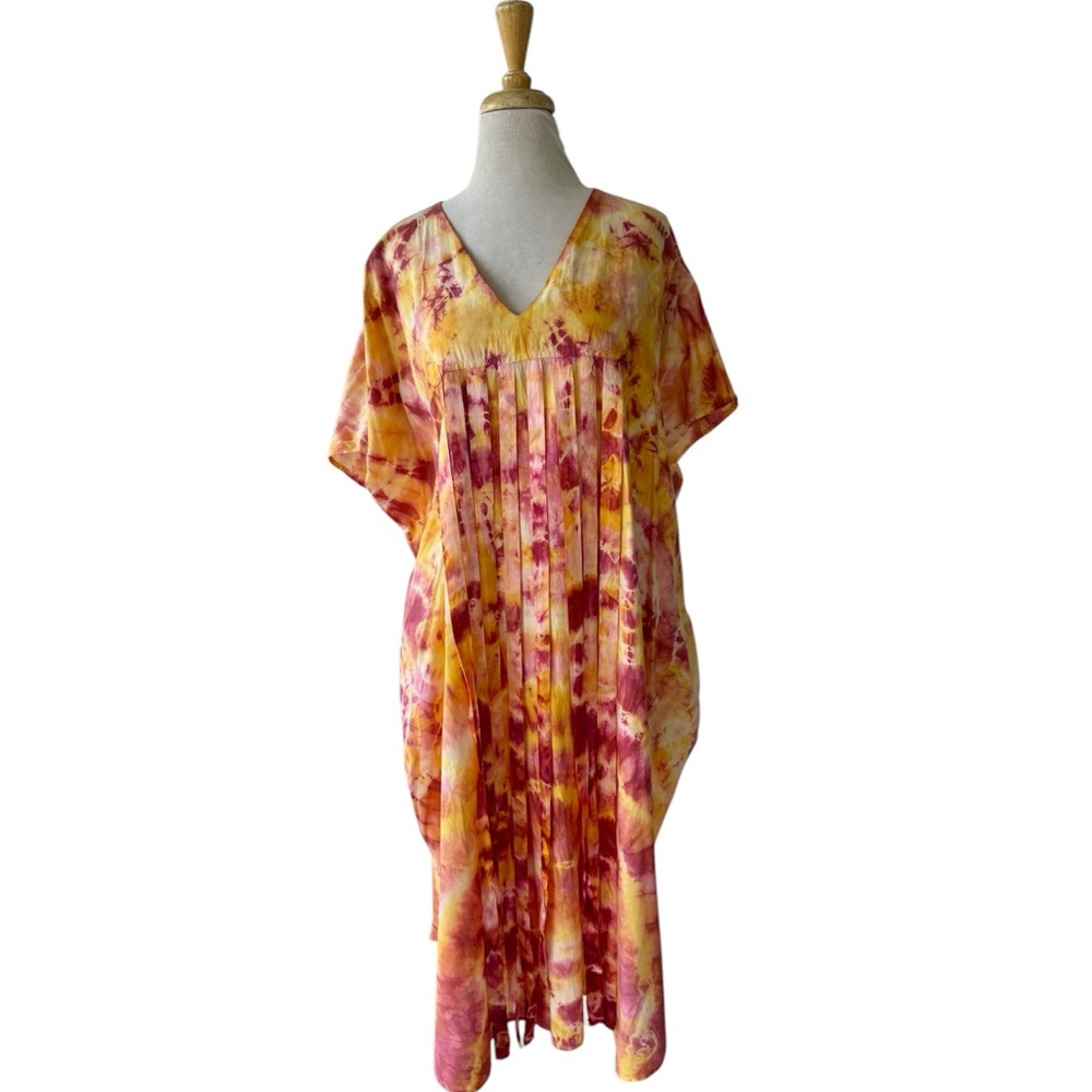 Vtg Paco Silva Orange Batik Tie Dye Kaftan Fringe Cotton Dress Plus Size 80s